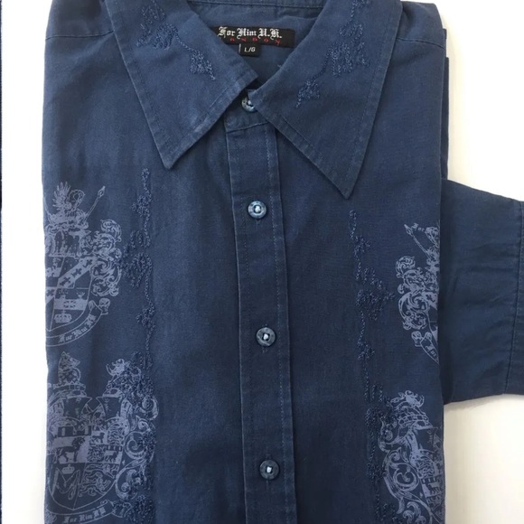 For Him U.K. Men Long Sleeve Shirt Large Navy Embroidered Print - Picture 10 of 14
